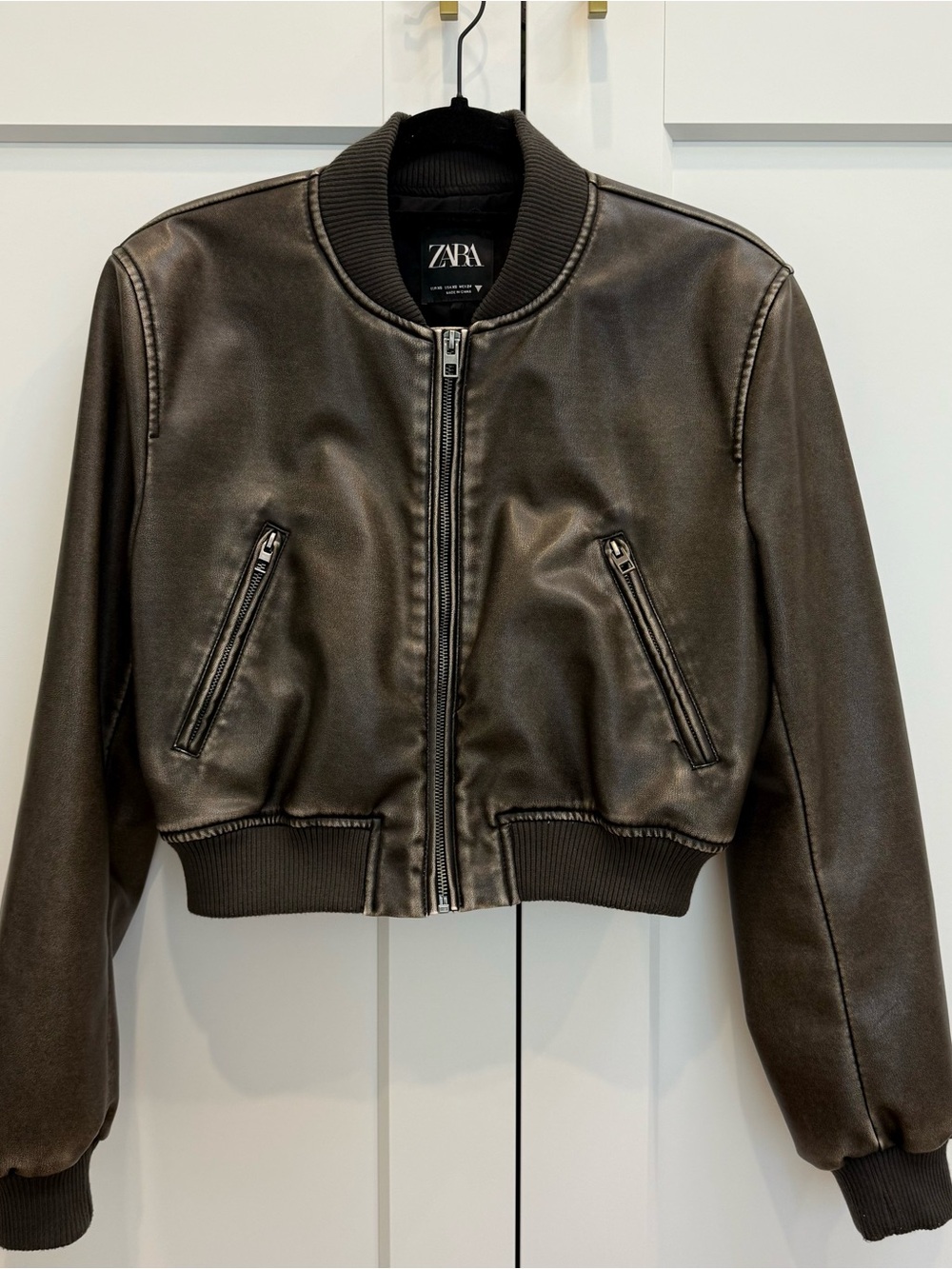 Zara Brown Faux-Leather Cropped Bomber Jacket - Picture 10 of 12